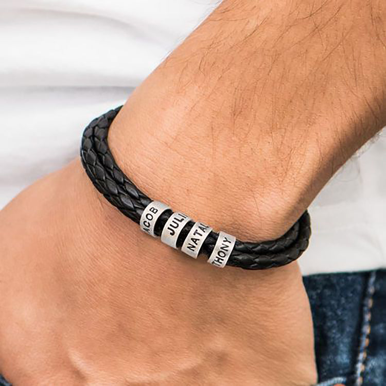 Men's Bracelet / Father's Day Gift / Engraved Titanium Beads Leather Bracelet