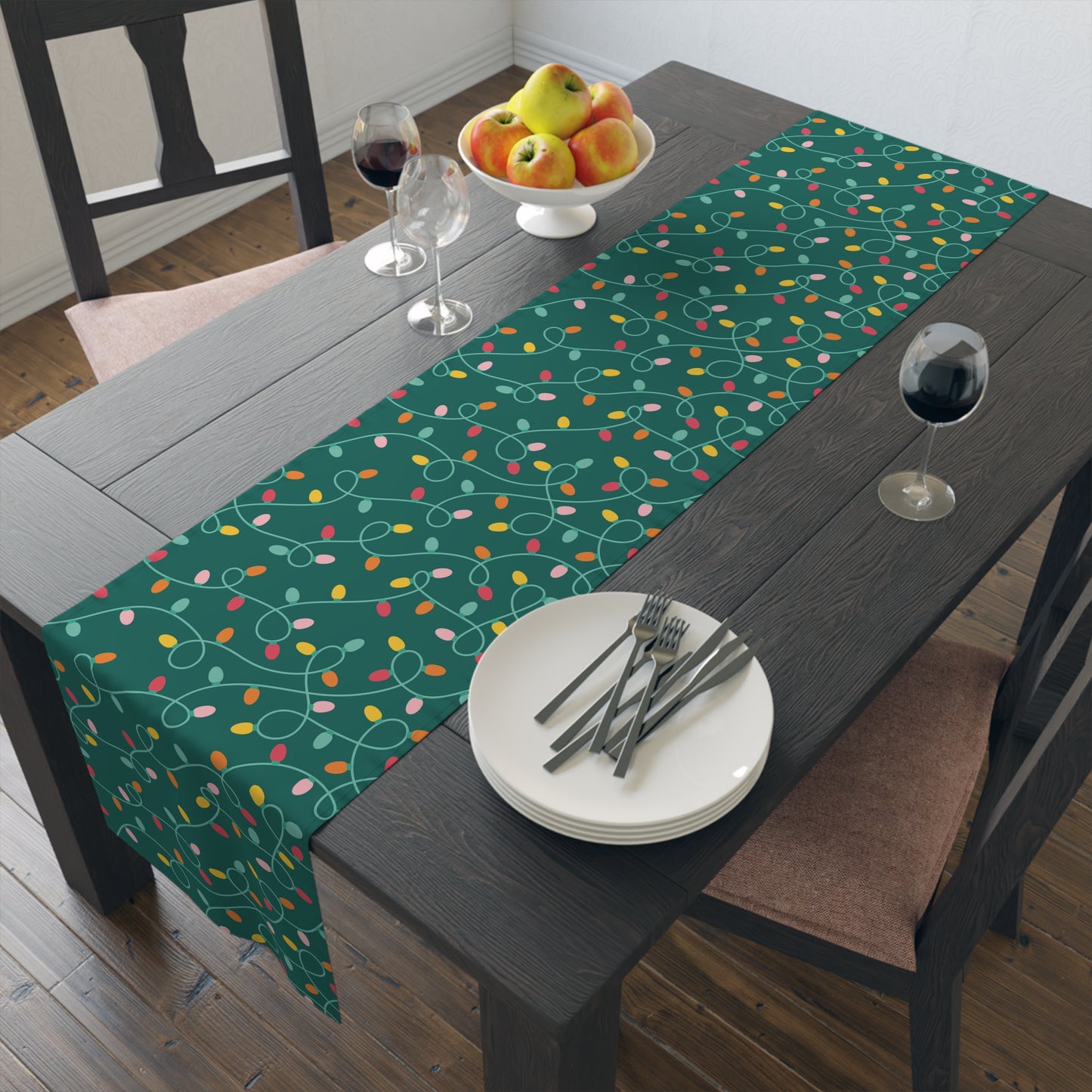 Green Christmas Lights Table Runner