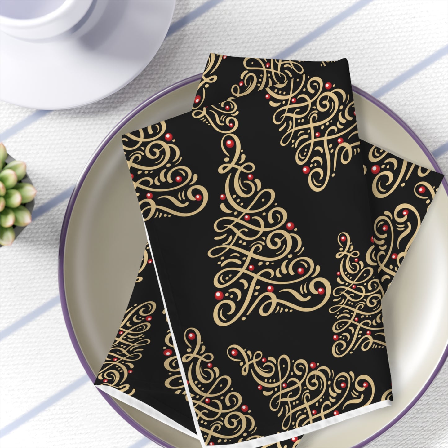 black and gold christmas tree print napkins in a set of 4