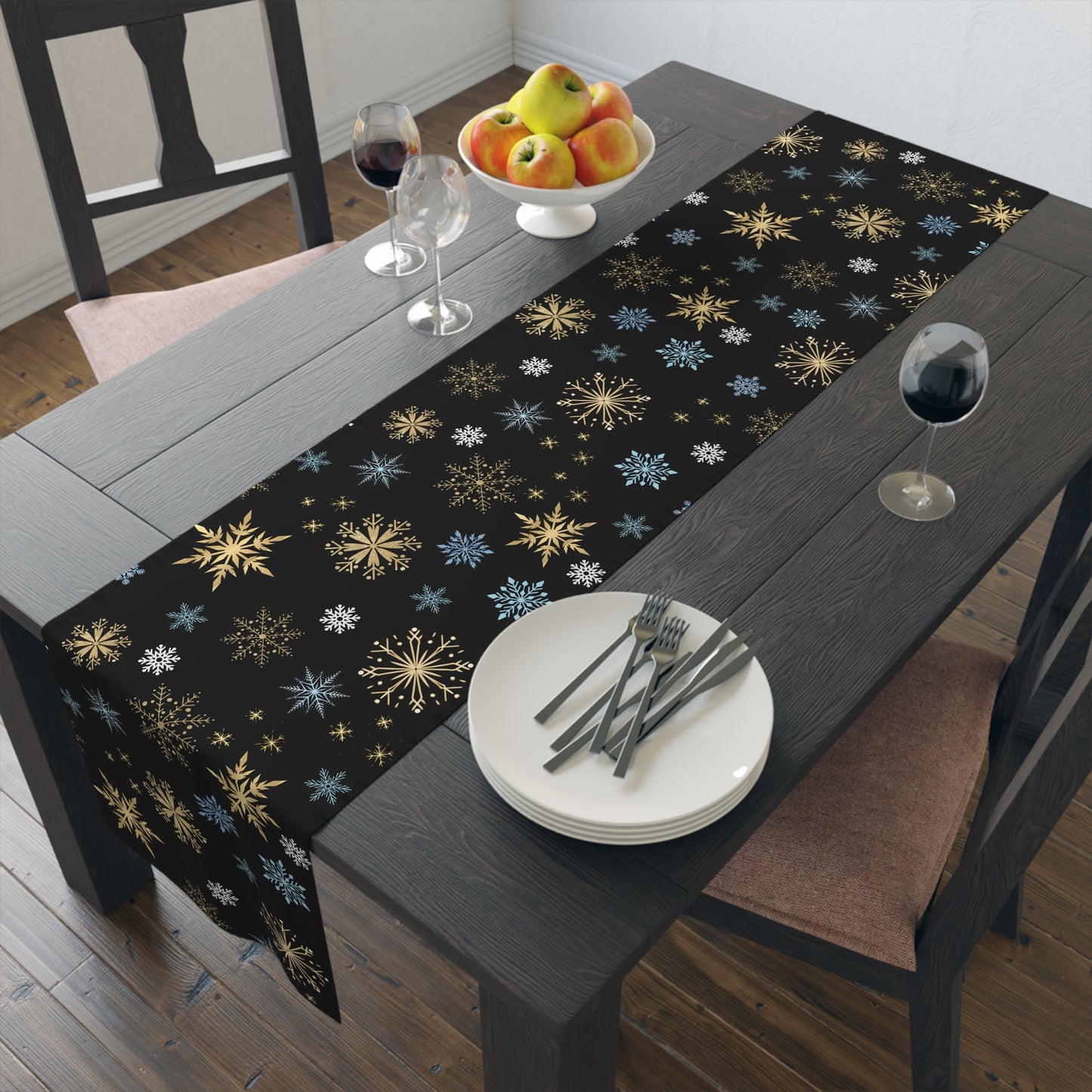 Blue And Gold Christmas Snowflake Table Runner