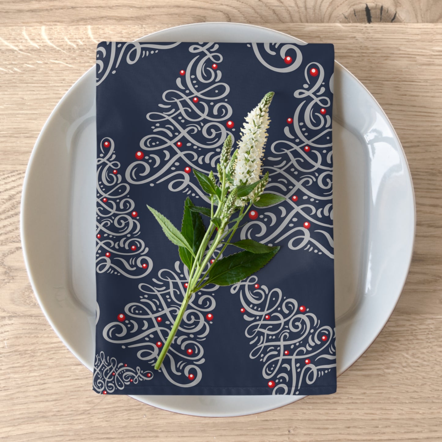 Navy Blue Silver Tree Christmas Napkins / Set of 4