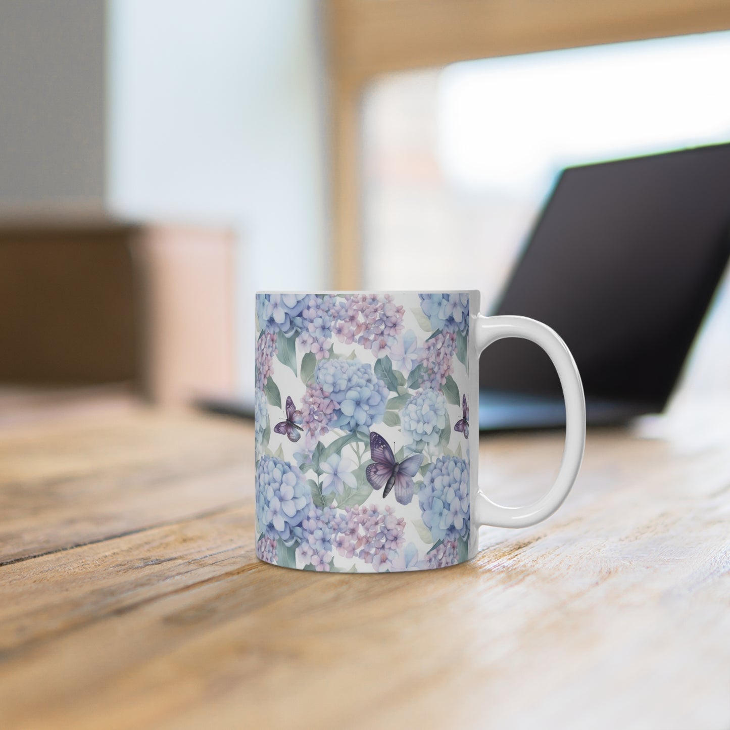 Hydrangea Coffee Mug / Purple Butterfly Mug