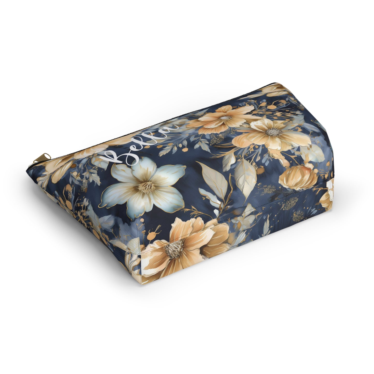 Gold Floral Makeup Bag / Personalized Cosmetic Bag