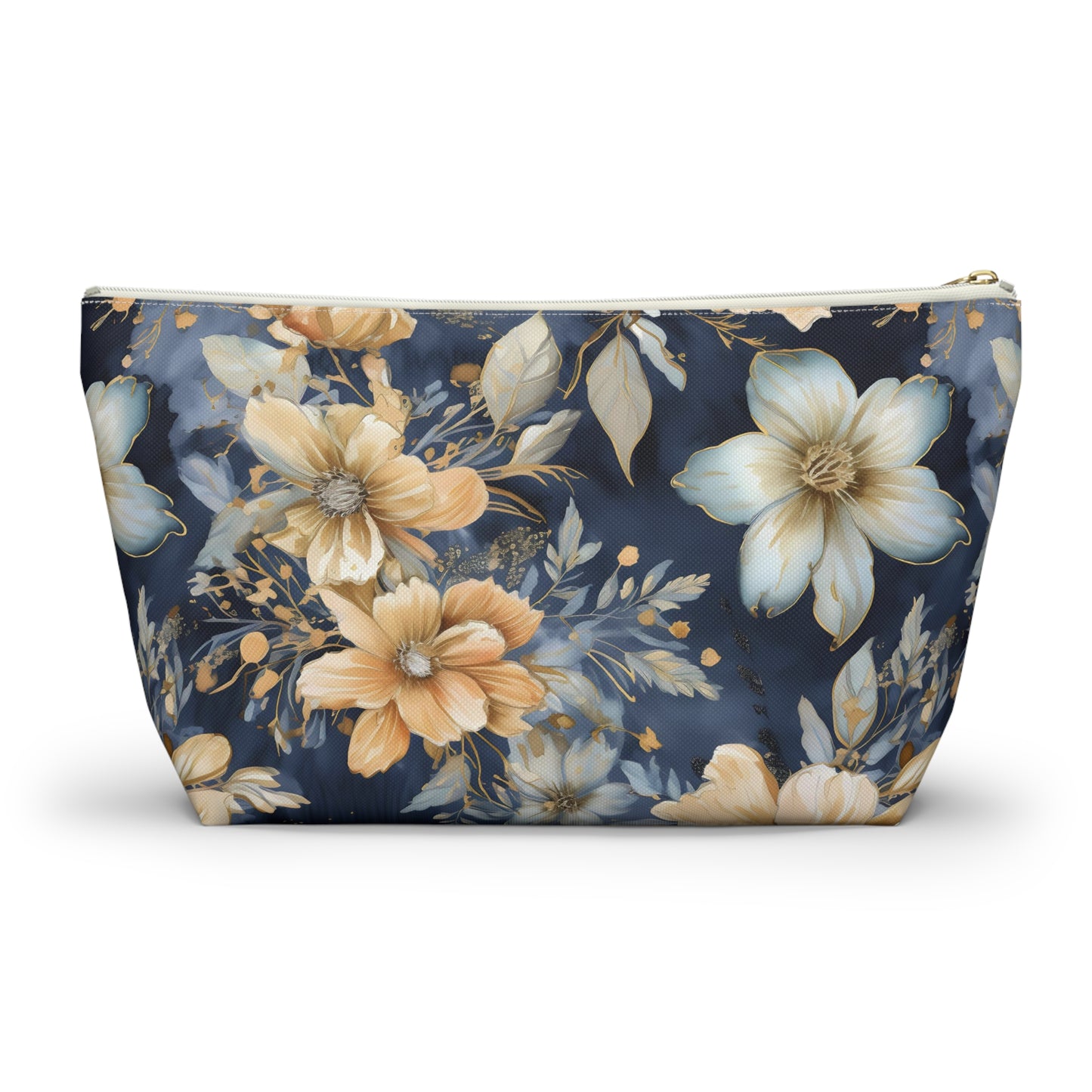 Gold Floral Makeup Bag / Personalized Cosmetic Bag