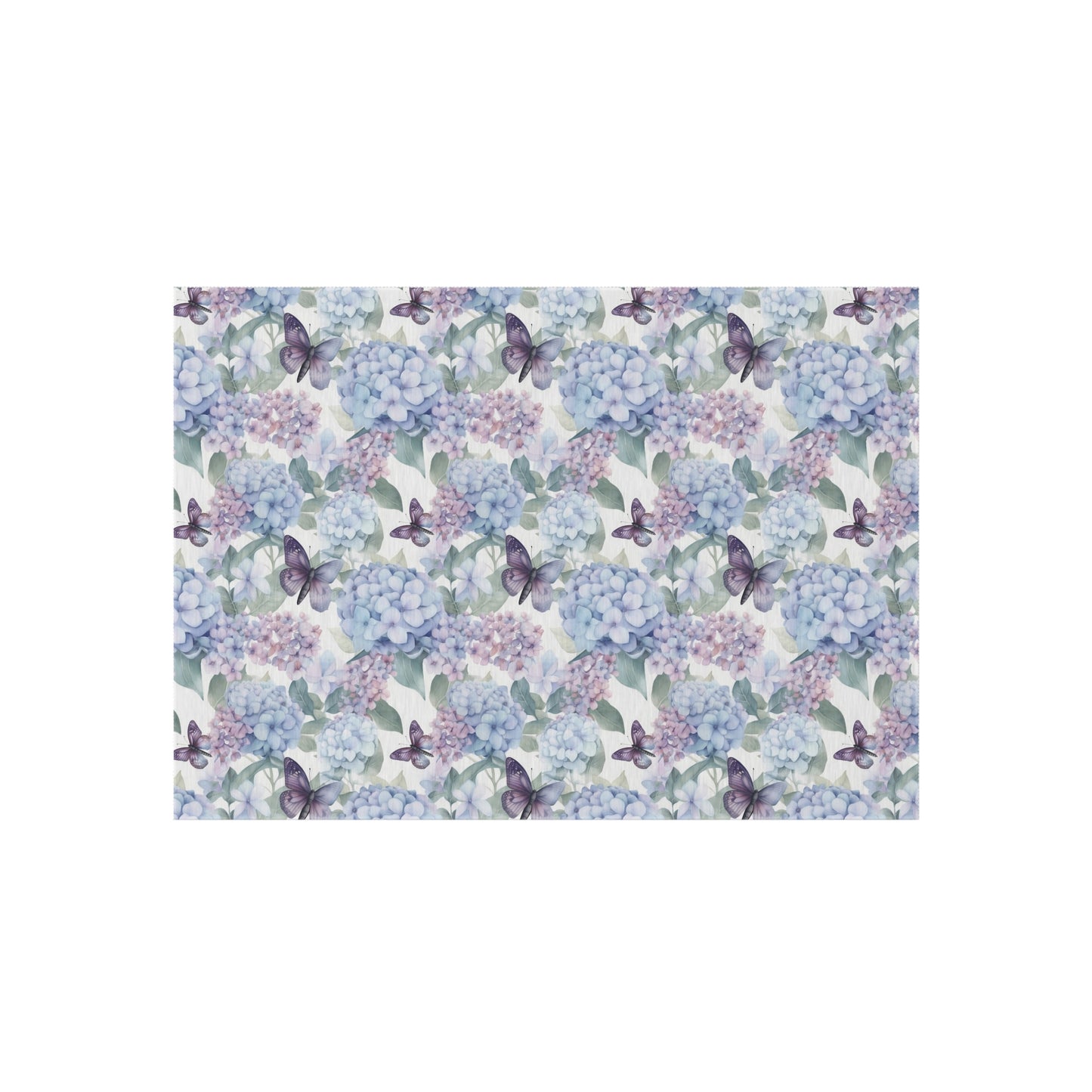 blue and purple hydrangea and butterfly rug