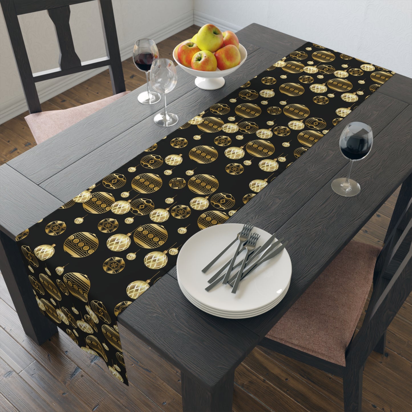 Christmas Table Runner / Black and Gold Ornament Table Runner