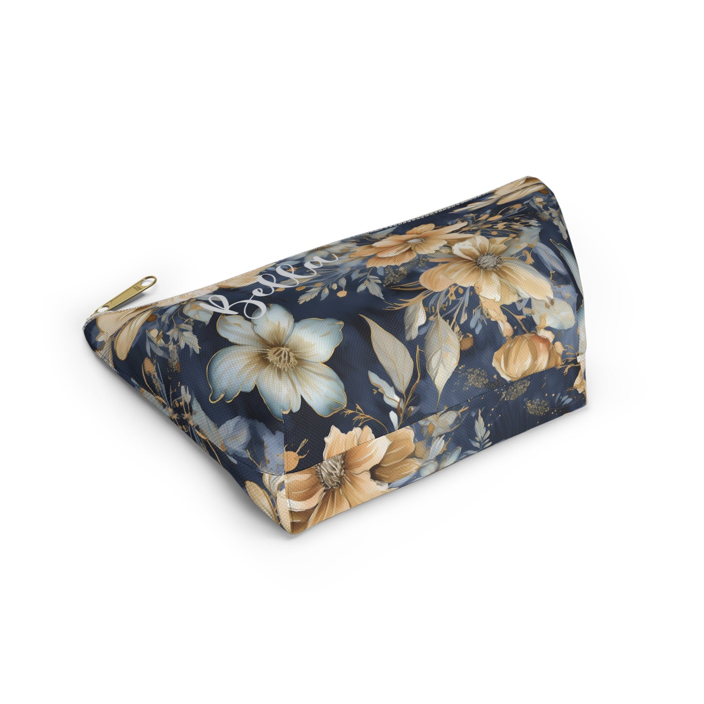 Gold Floral Makeup Bag / Personalized Cosmetic Bag