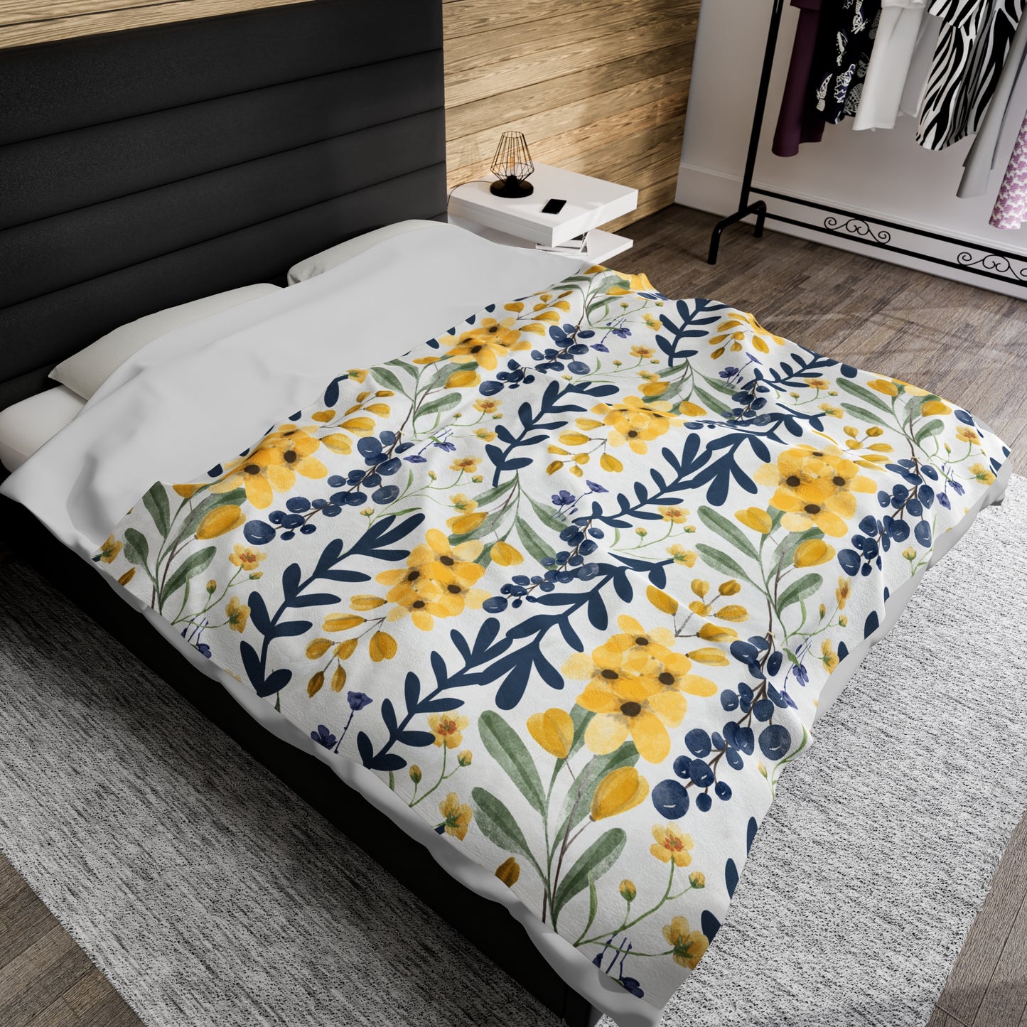 Navy Blue and Yellow Blanket / Floral Sherpa Blanket