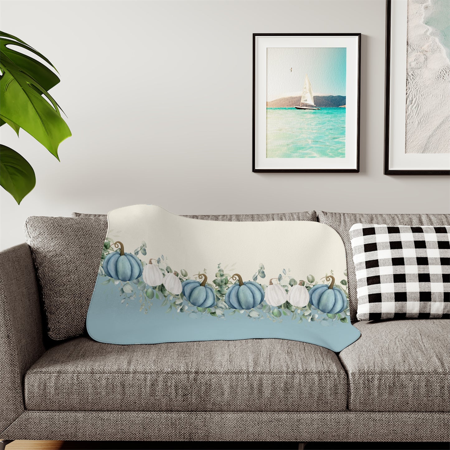 Blue Pumpkin Fall Sherpa Blanket