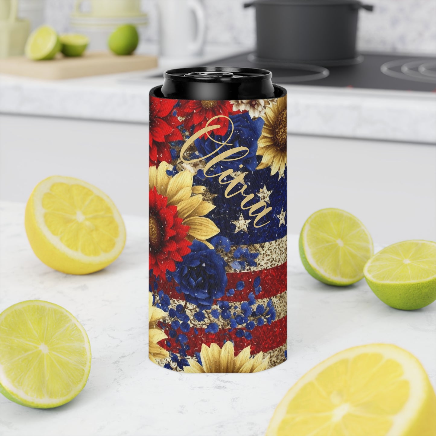 Personalized 4th of July Can Koozie / USA Patriotic Sunflower Can Cooler