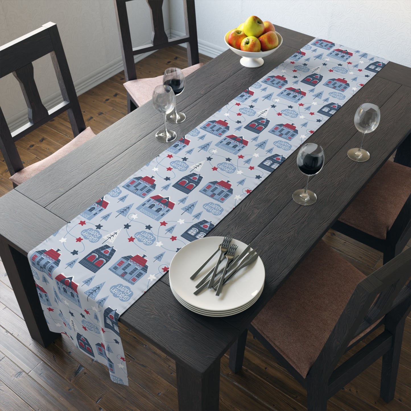 Blue Christmas Table Runner / Christmas Village Runner