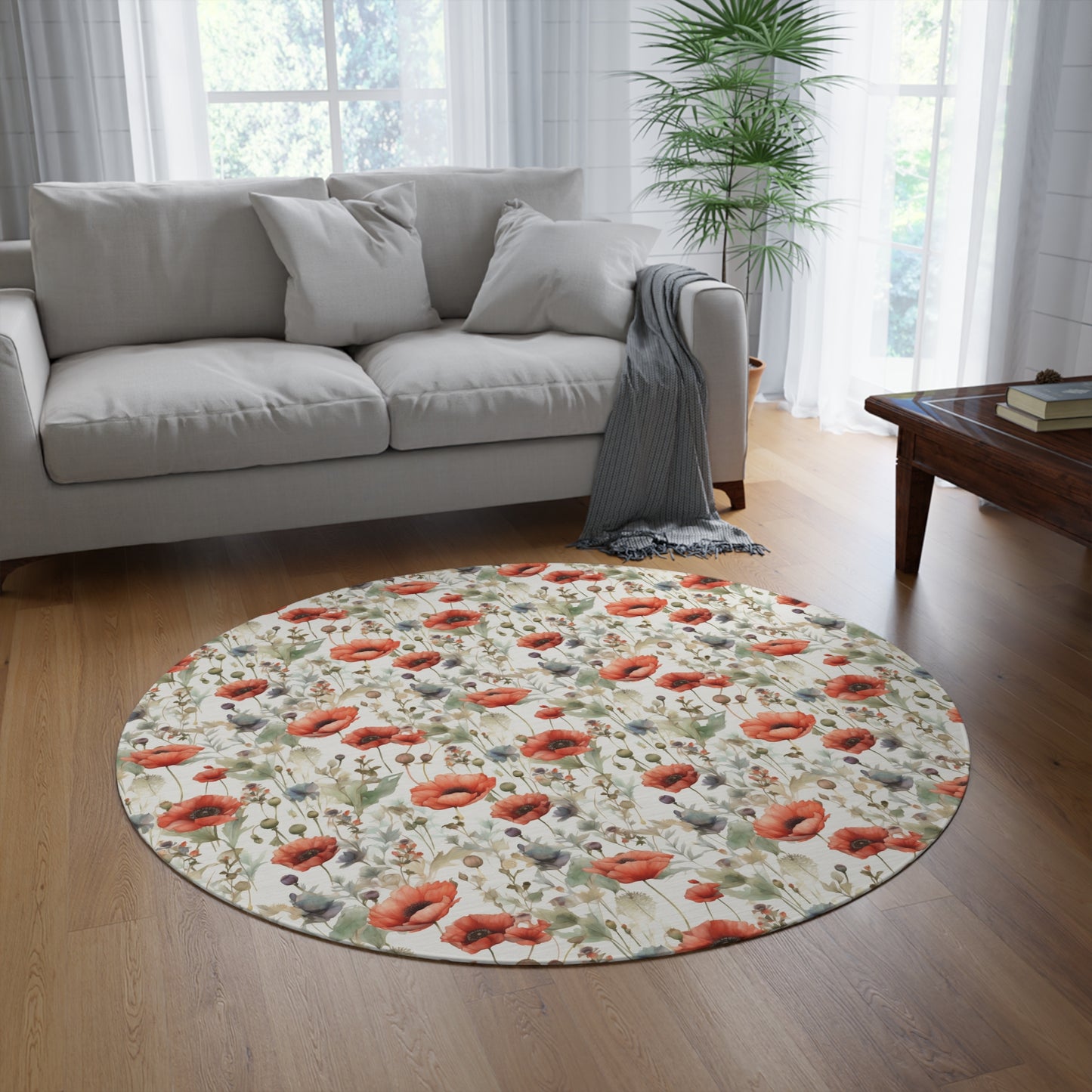 Watercolor Poppy Round Rug