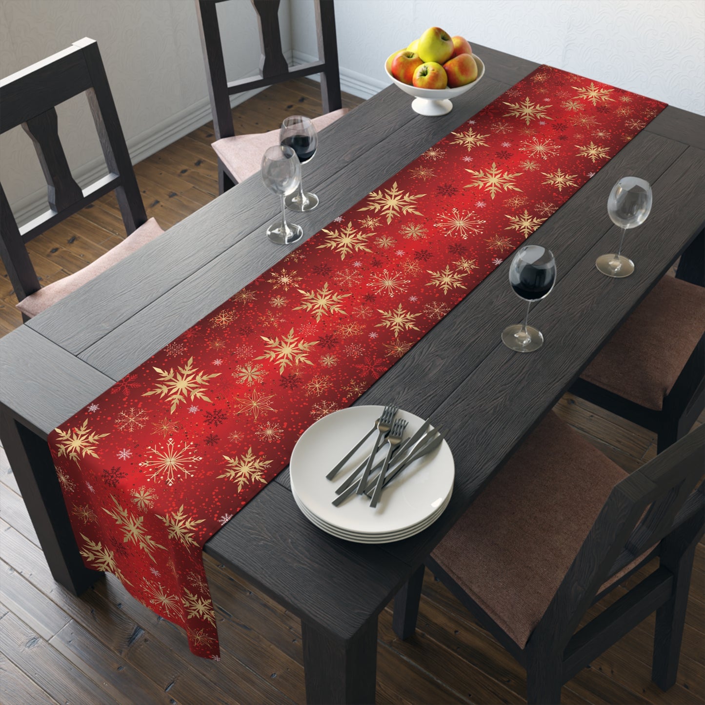 Red And Gold Christmas Snowflake Table Runner