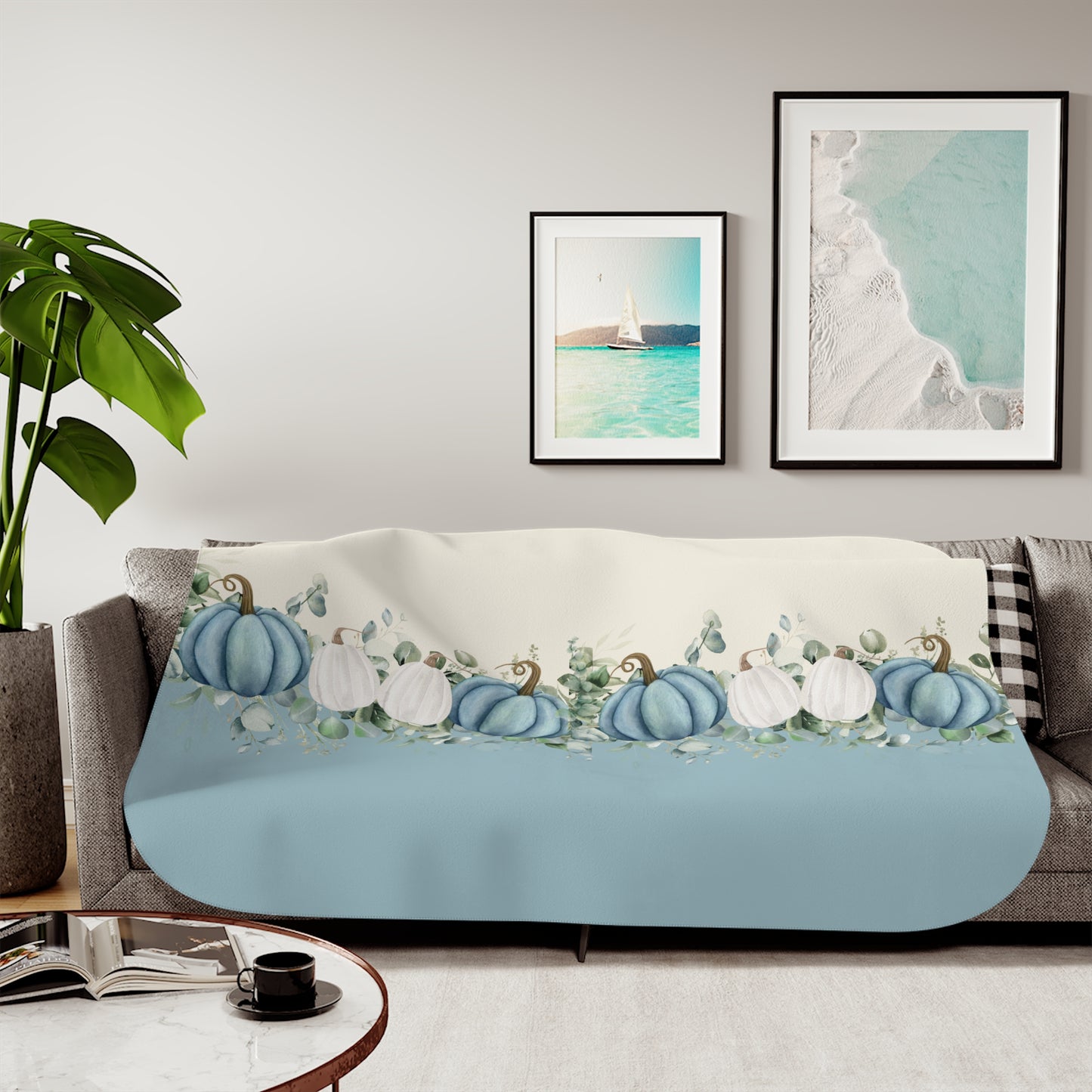 Blue Pumpkin Fall Sherpa Blanket