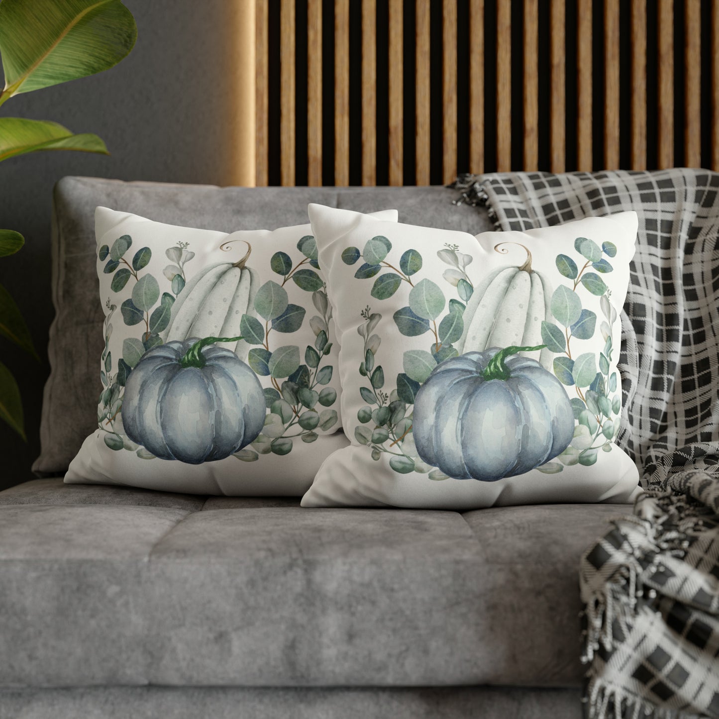 Fall Blue Pumpkin And Eucalyptus Pillow Case