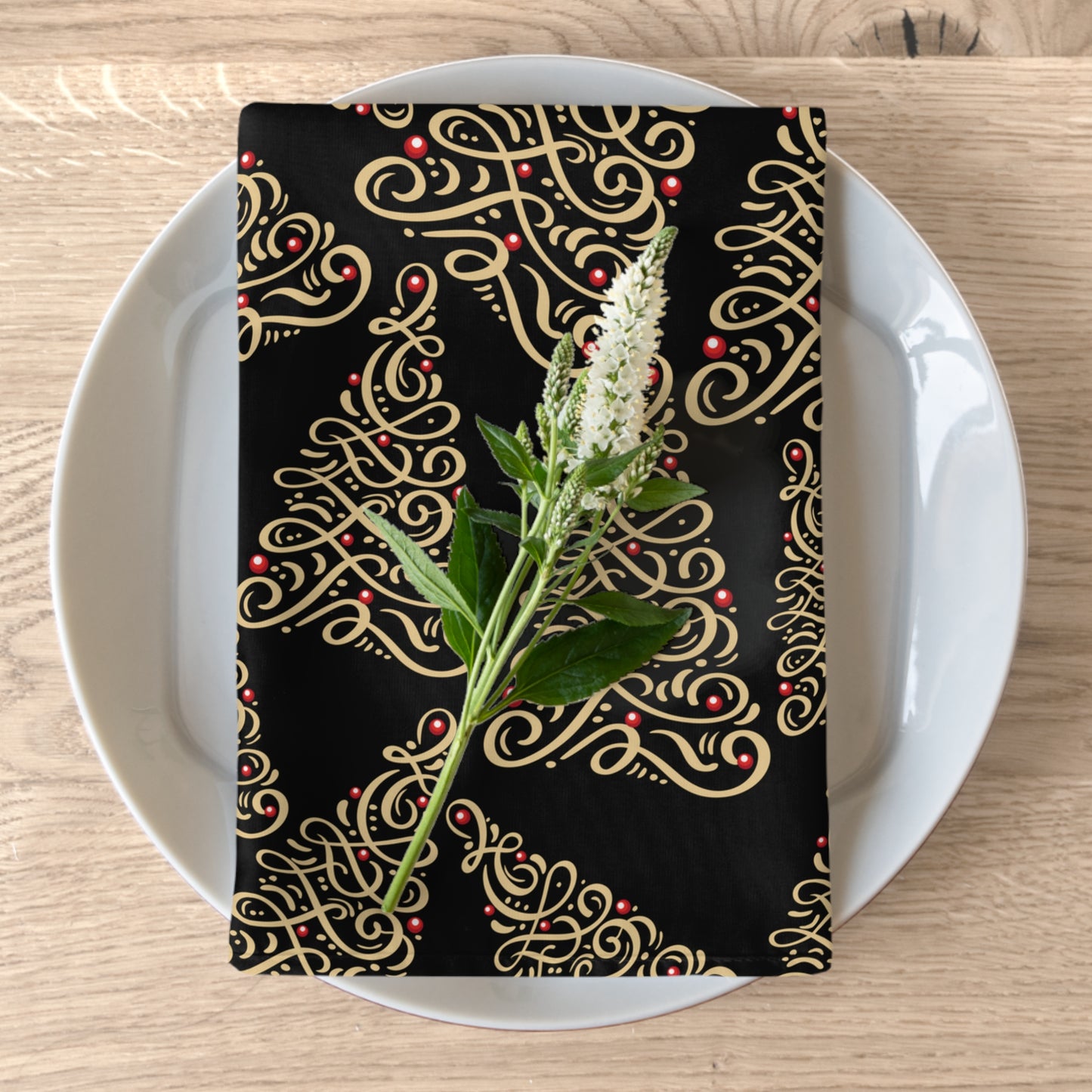 Black and Gold Christmas Tree Napkins / Set of 4