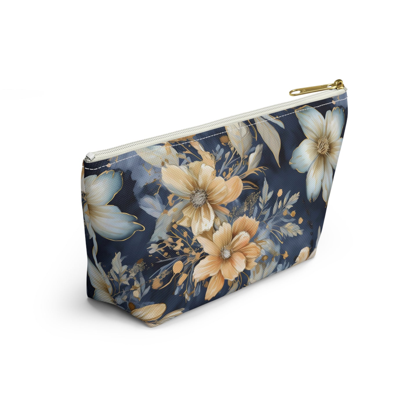 Gold Floral Makeup Bag / Personalized Cosmetic Bag