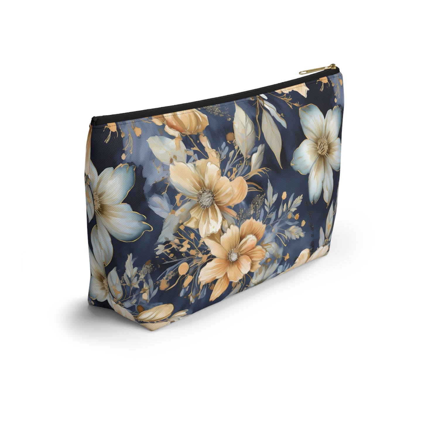 Gold Floral Makeup Bag / Personalized Cosmetic Bag