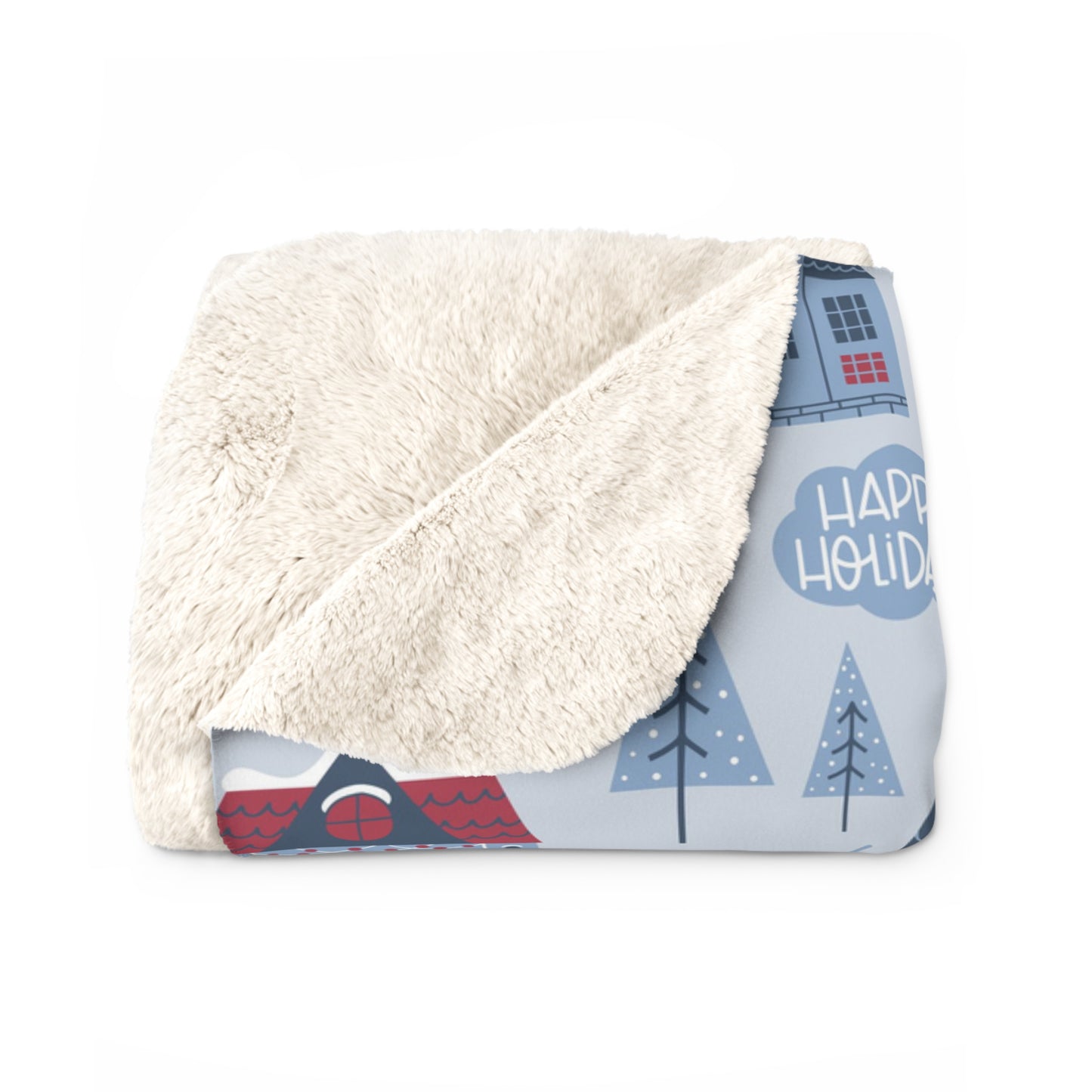 Blue Christmas Village Sherpa Blanket