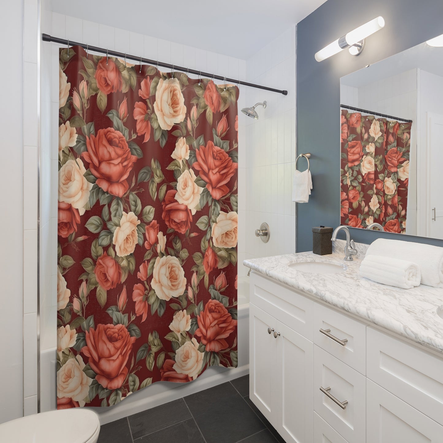 Dark Red Vintage Floral Shower Curtain