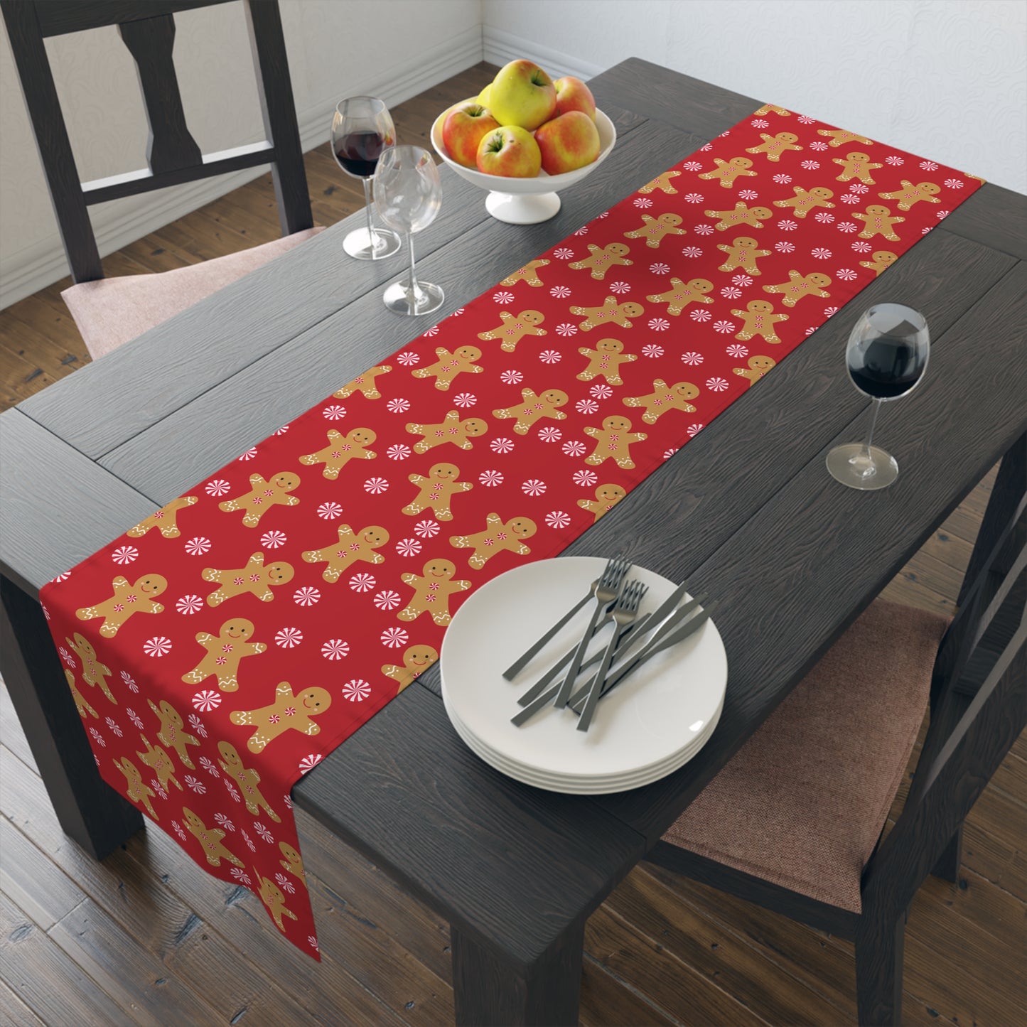 red christmas gingerbread man table runner