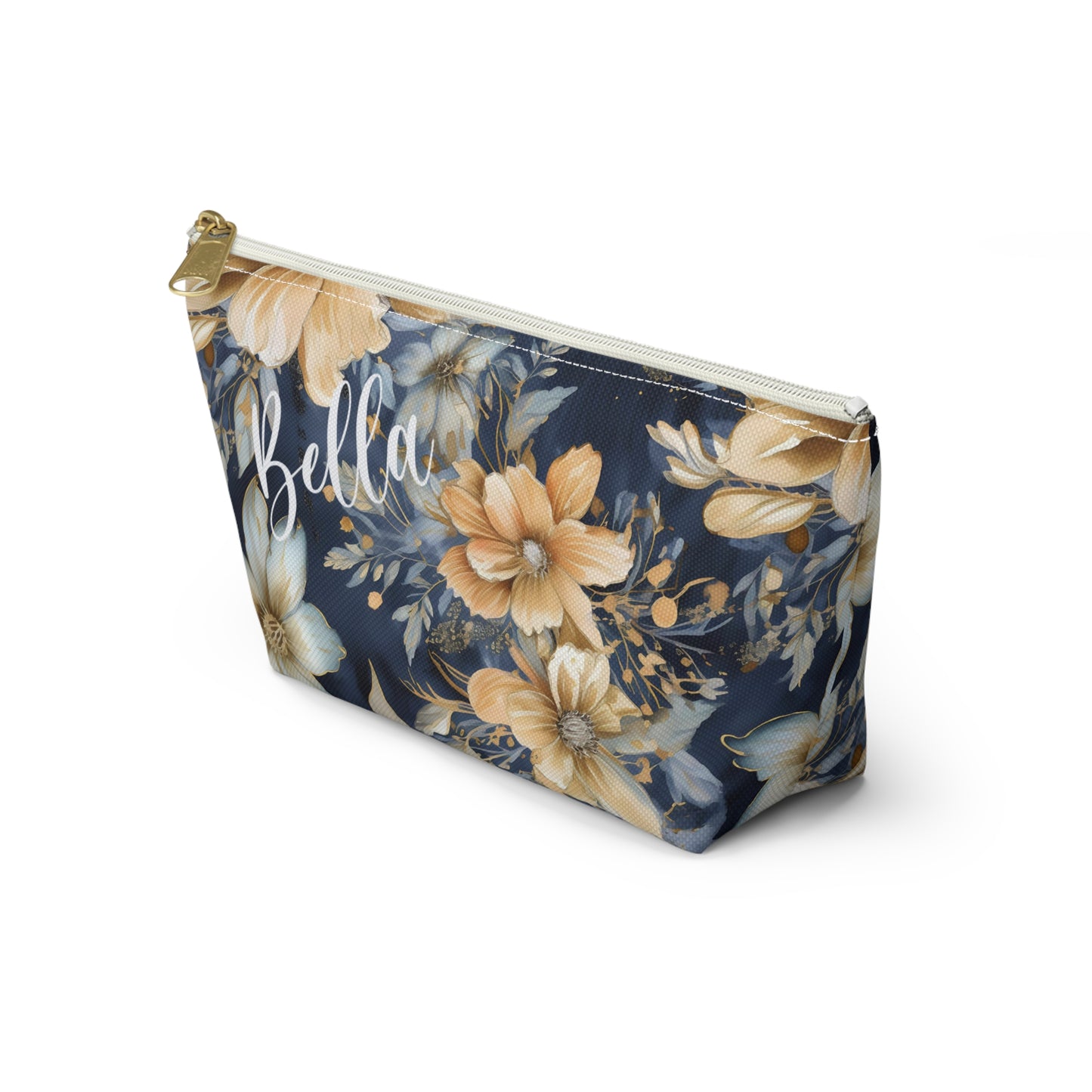 Gold Floral Makeup Bag / Personalized Cosmetic Bag