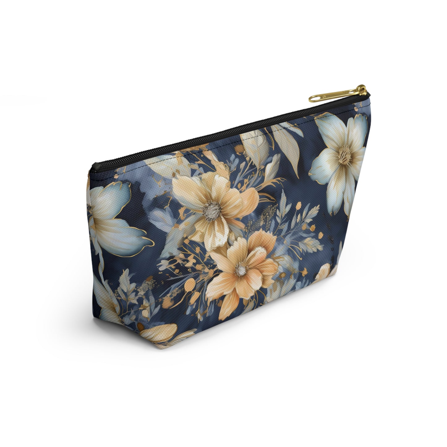 Gold Floral Makeup Bag / Personalized Cosmetic Bag