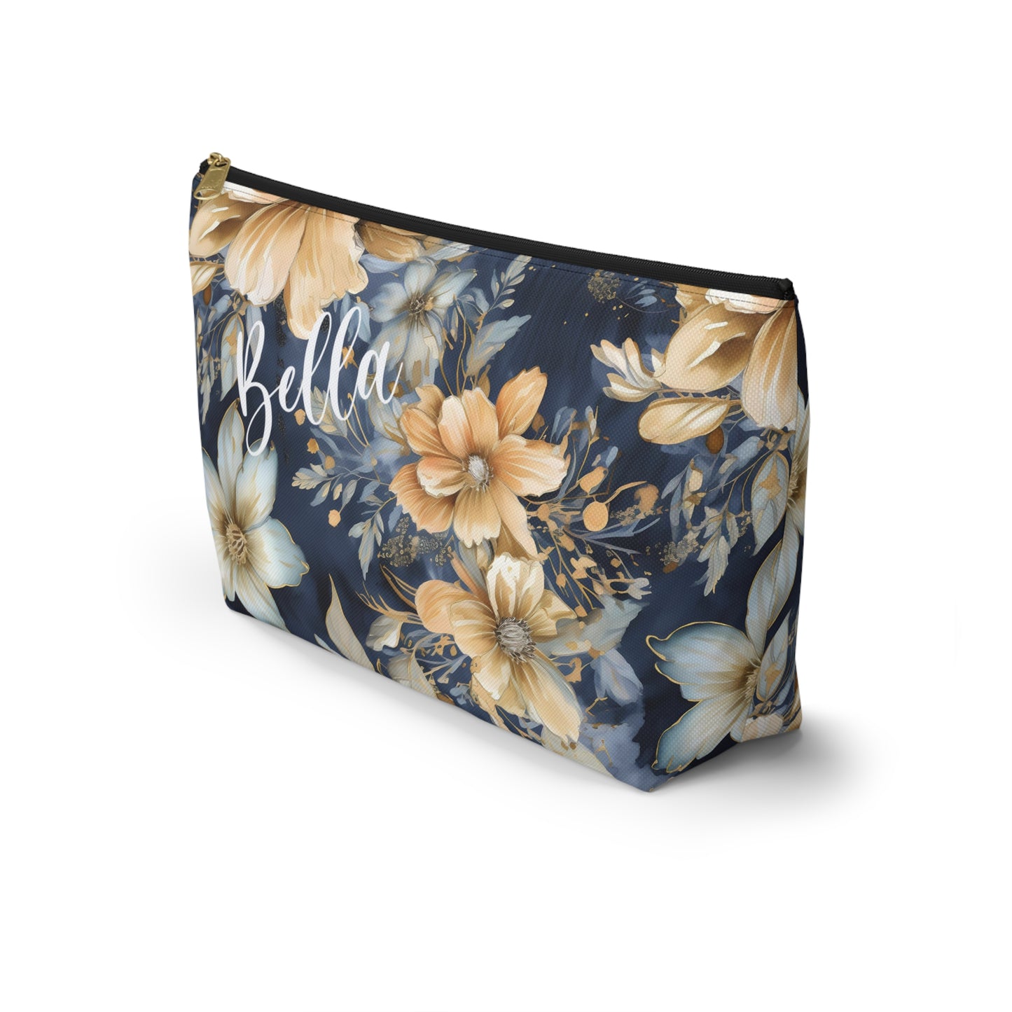 Gold Floral Makeup Bag / Personalized Cosmetic Bag