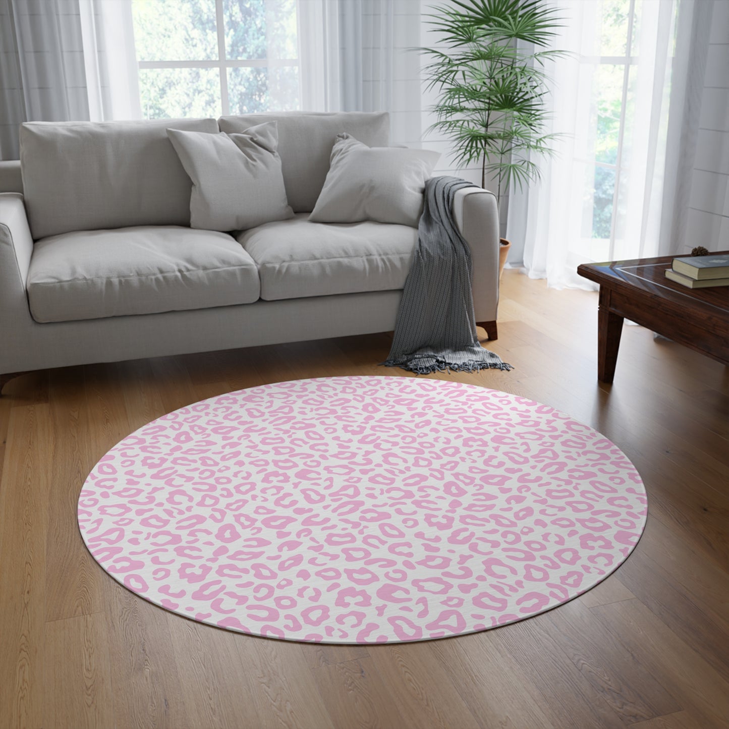 Pink Leopard Print Round Rug