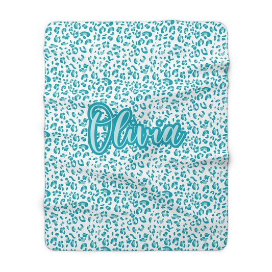 personalized girls blue leopard print sherpa blanket