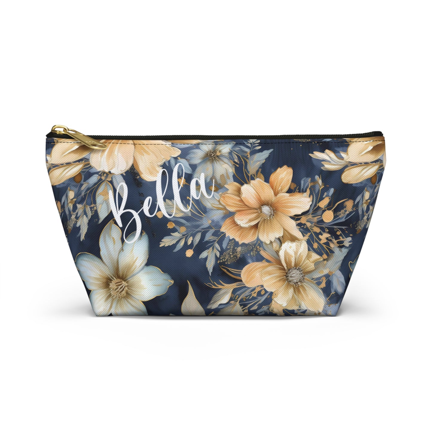 Gold Floral Makeup Bag / Personalized Cosmetic Bag