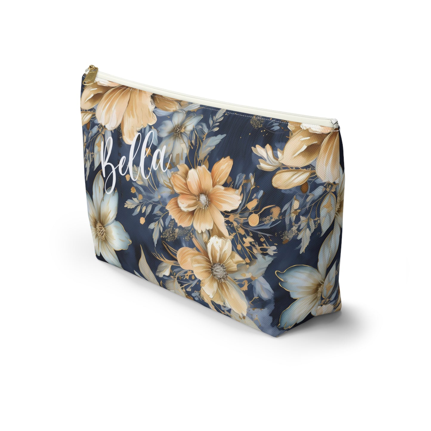 Gold Floral Makeup Bag / Personalized Cosmetic Bag
