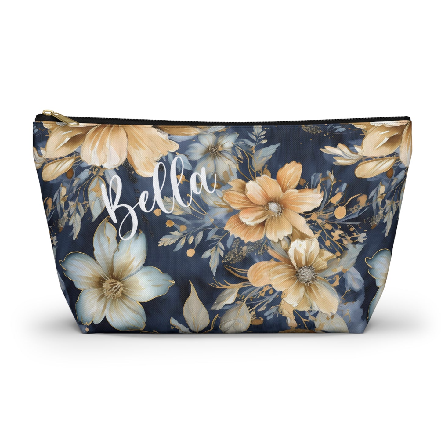 Gold Floral Makeup Bag / Personalized Cosmetic Bag