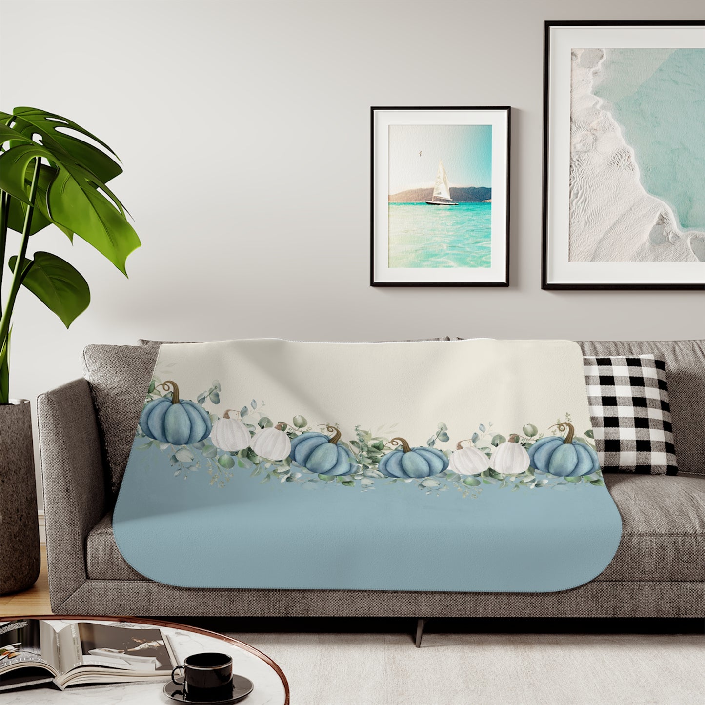Blue Pumpkin Fall Sherpa Blanket