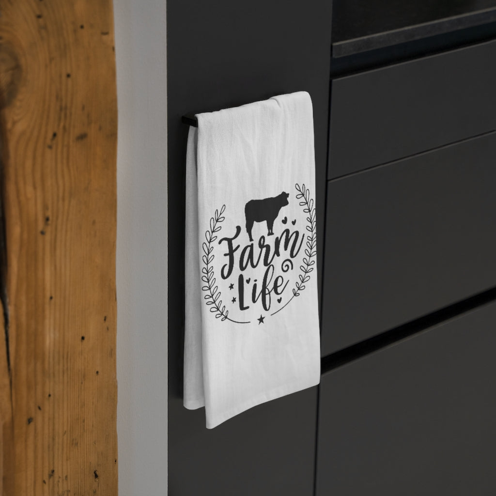 farmhouse kitchen tea towel in black and white.