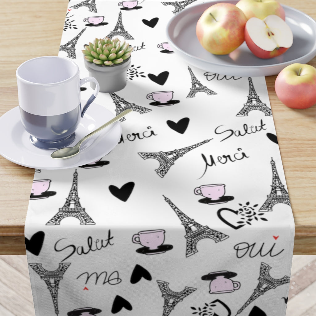 close up of paris table runner with eiffel tower pattern