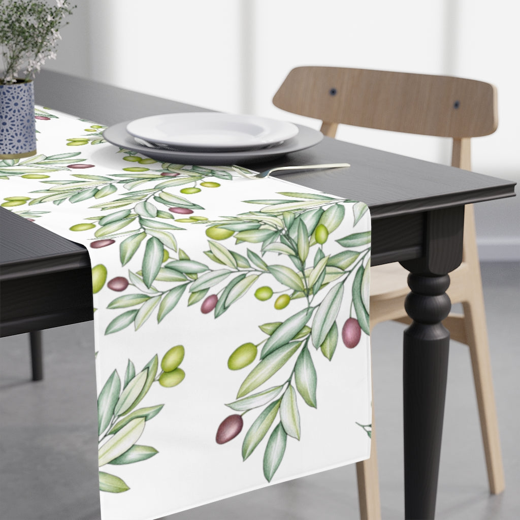 watercolor leaf decor, plum and green table runner