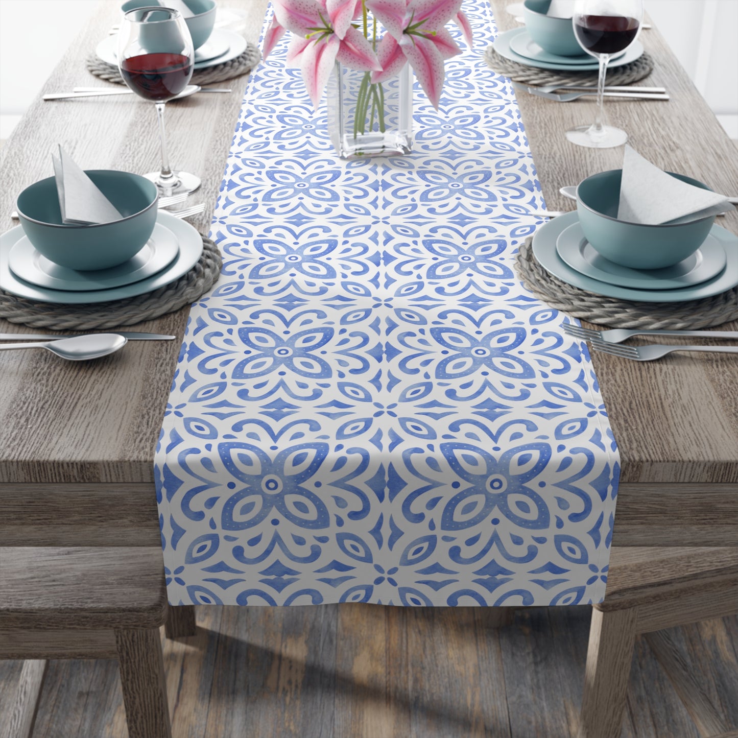 Blue Floral Table Runner / Blue Tile Print Runner
