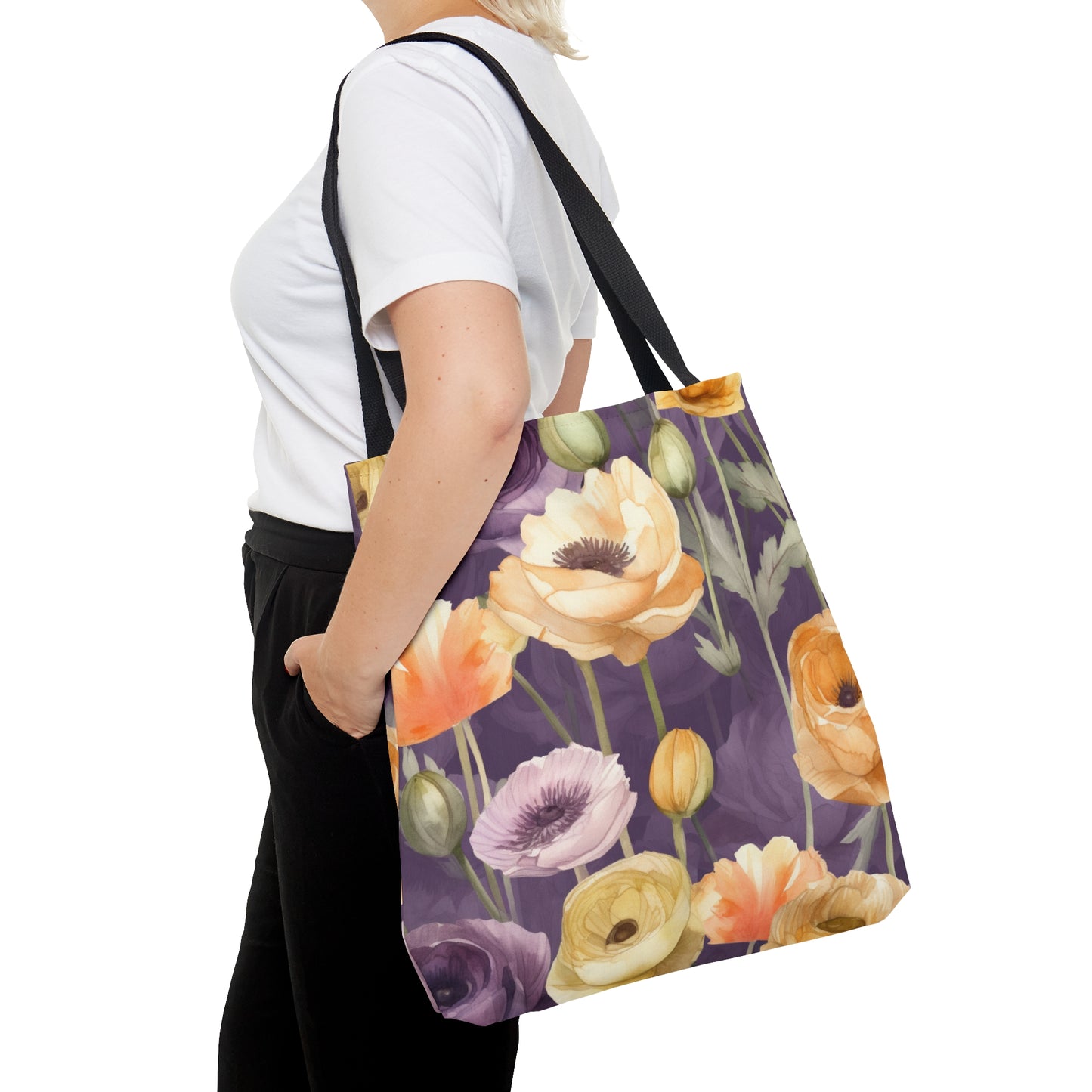 Purple Floral Tote Bag, Yellow Flower Print Tote Bag