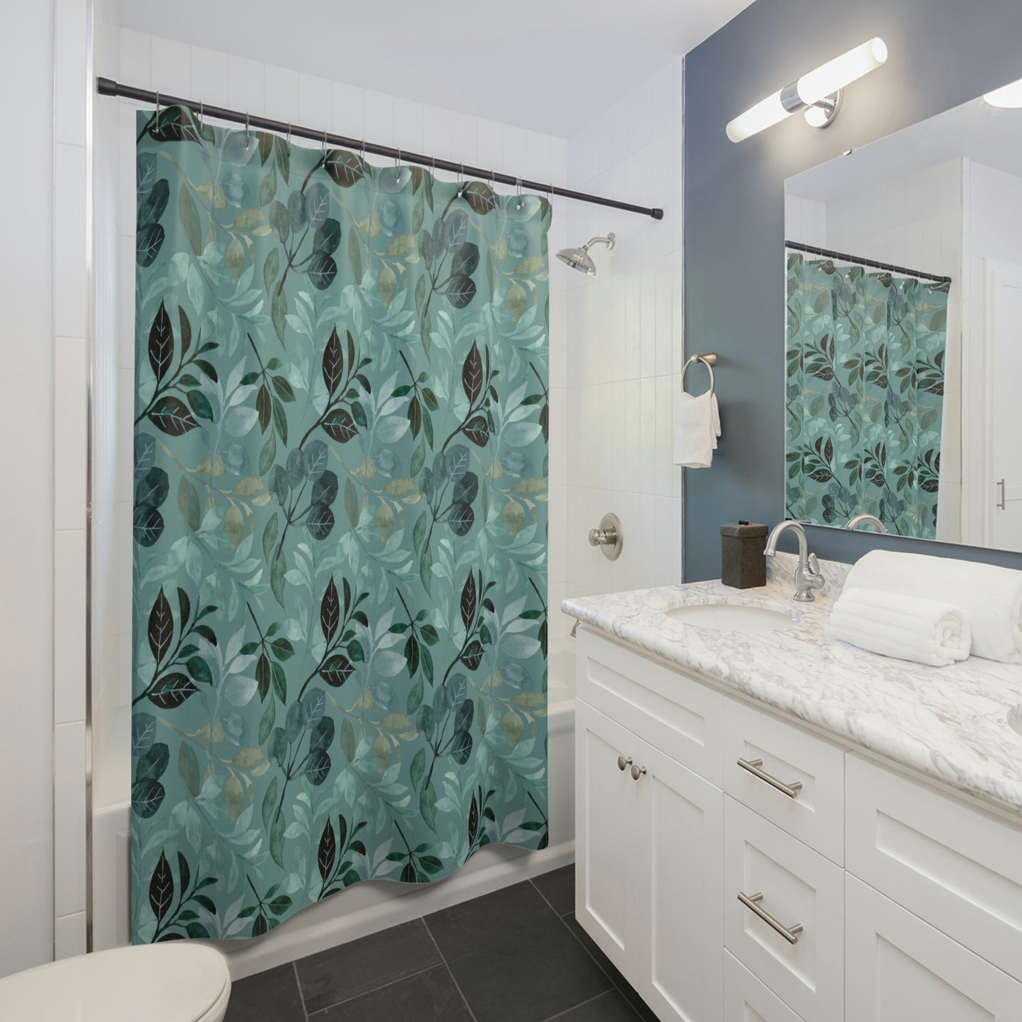 Green Leaf Shower Curtain / Teal Bathroom Decor