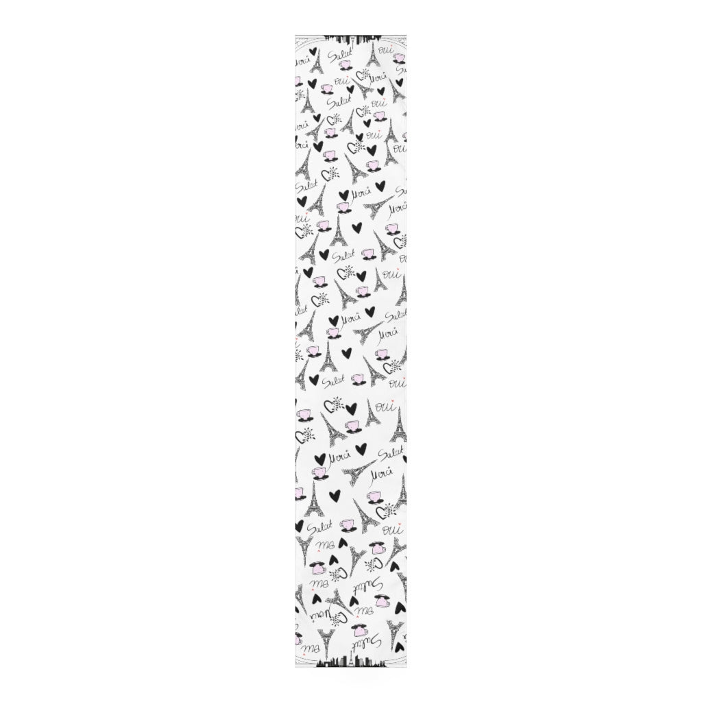 french table runner in parisian style with eiffel towers and tea cups