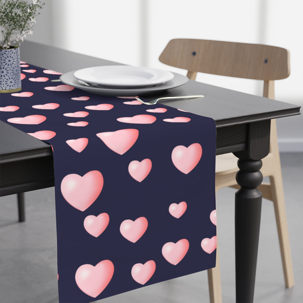 Valentines Day Table Runner / Pink Heart Table Runner / Navy Blue Table Runner
