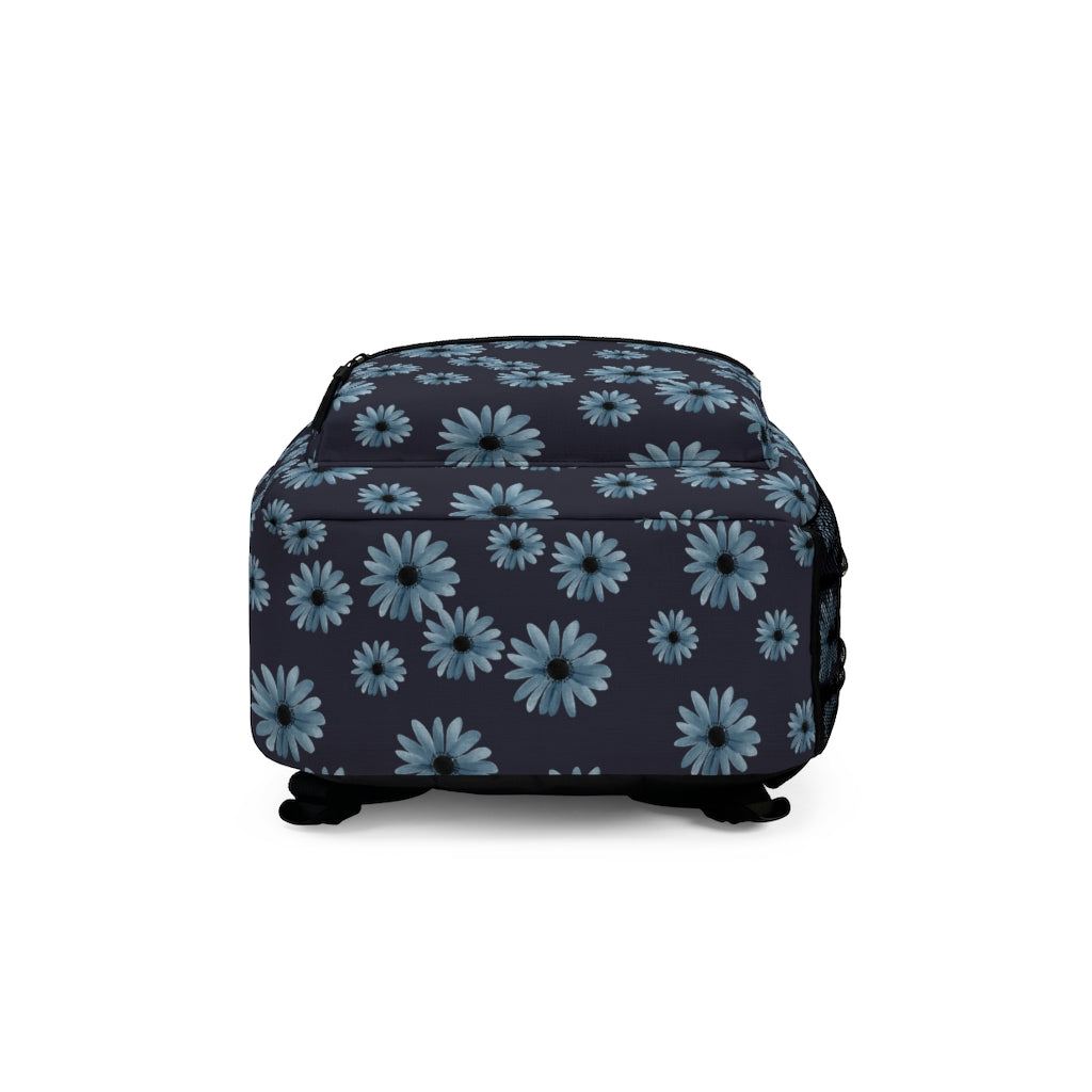bottom view of blue floral backpack