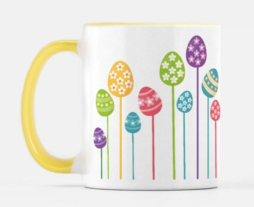 easter mug with yellow handle and easter egg print