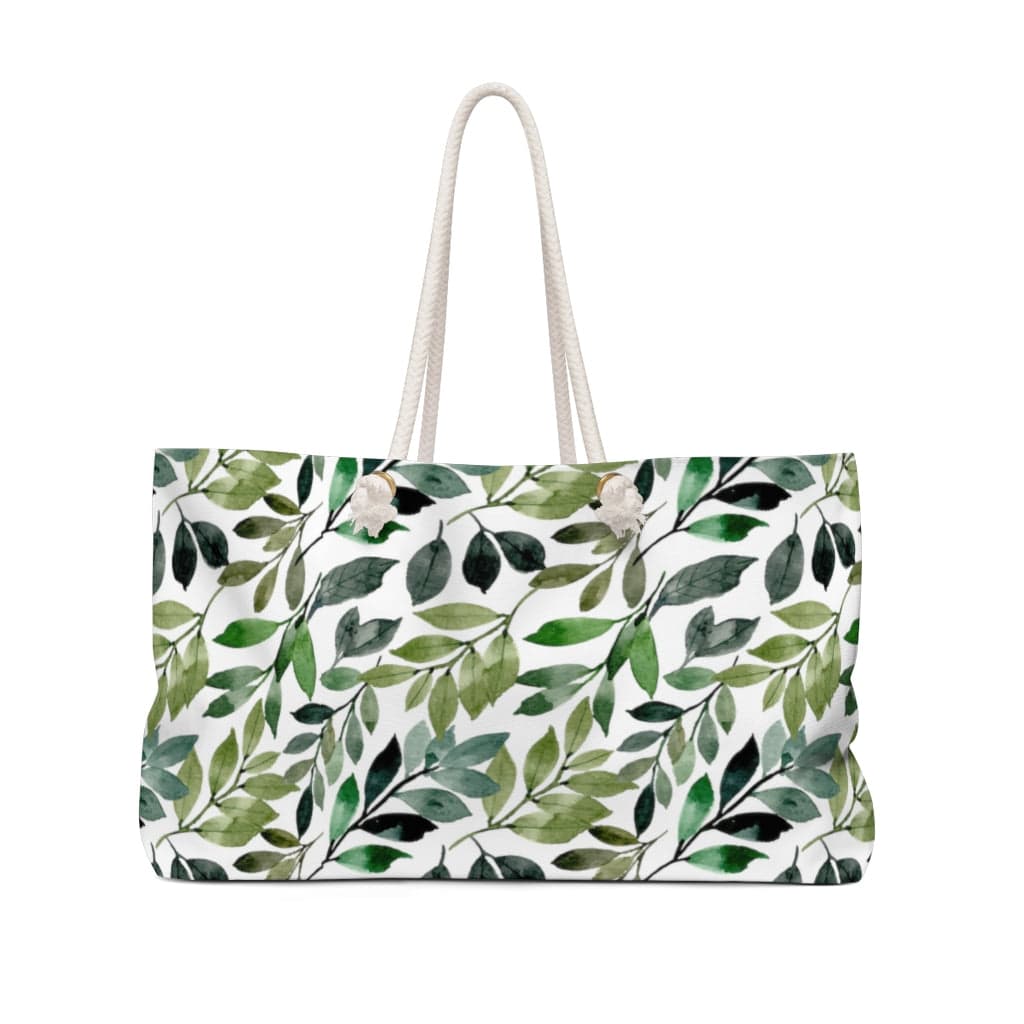 farmhouse leaves travel bag with blue and green shades of leaves.