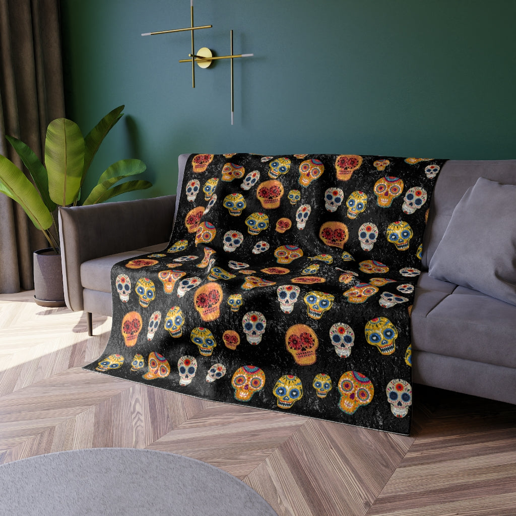 black skeleton blanket in crushed velvet material for Halloween decor