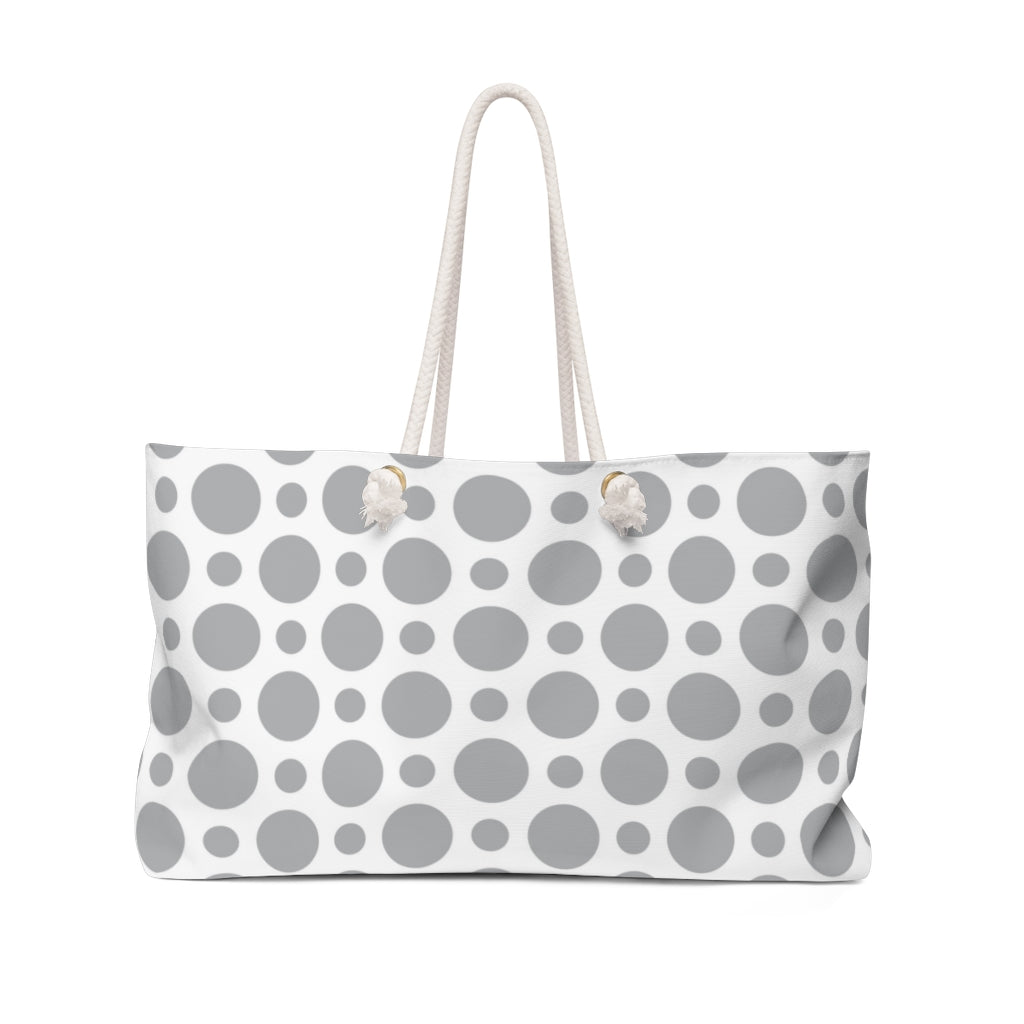 grey polkadot travel bag. weekender bag with grey and white