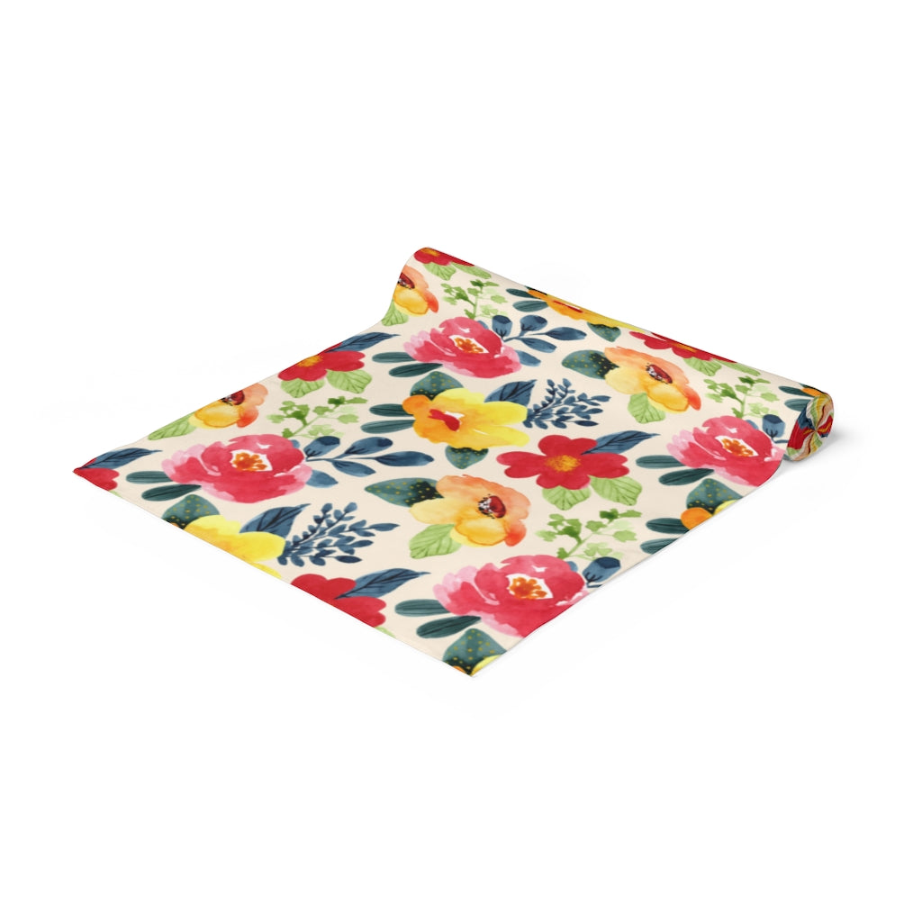 farmhouse floral table runner with red, blue and yellow flowers in summer decor