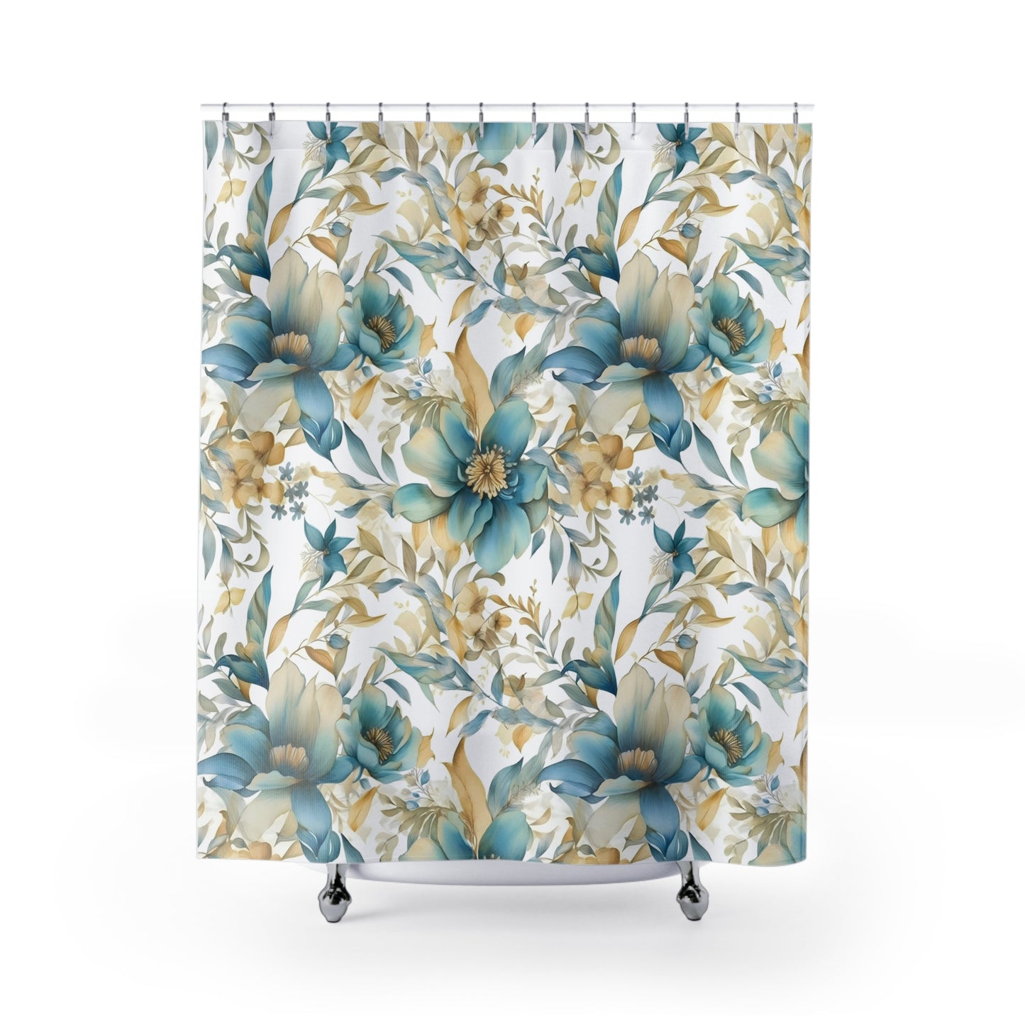 blue and gold flower shower curtain