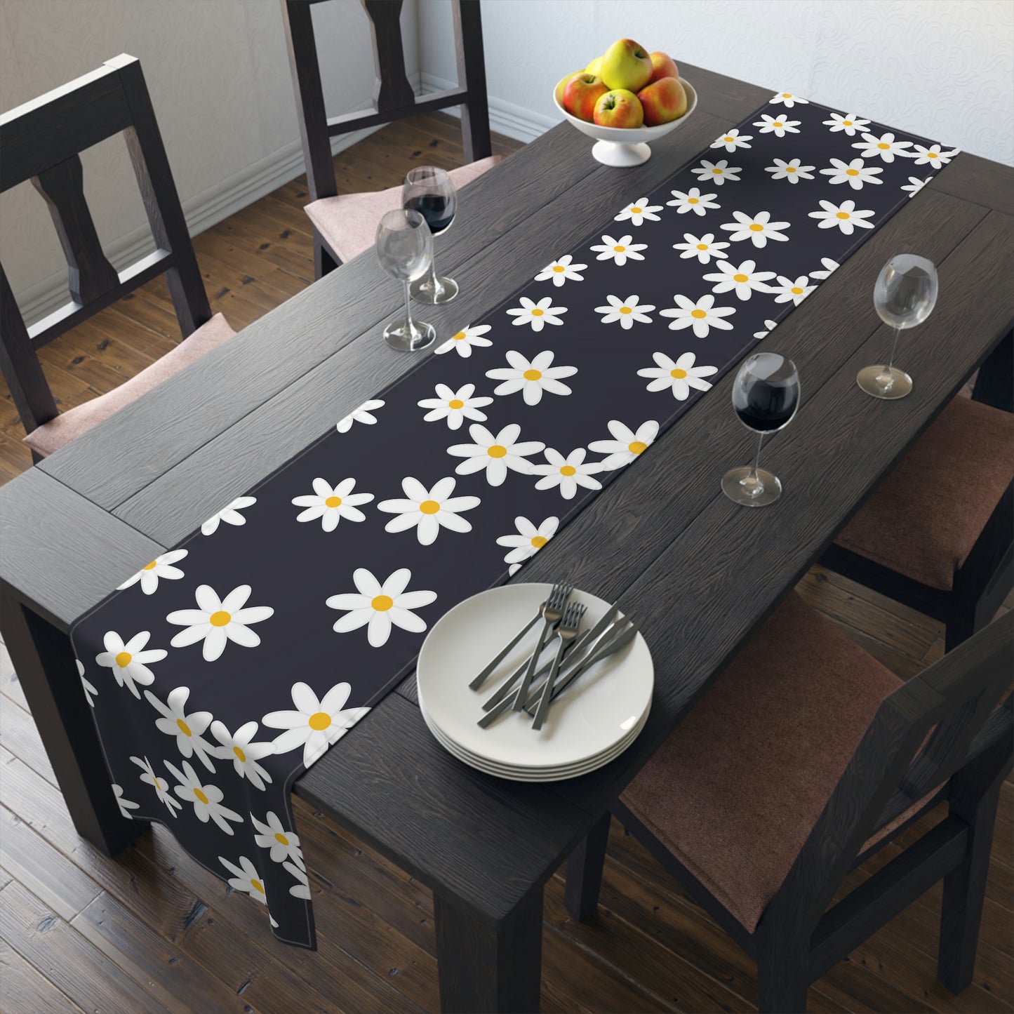 Daisy Table Runner / White Daisy Decor / Black Table Runner